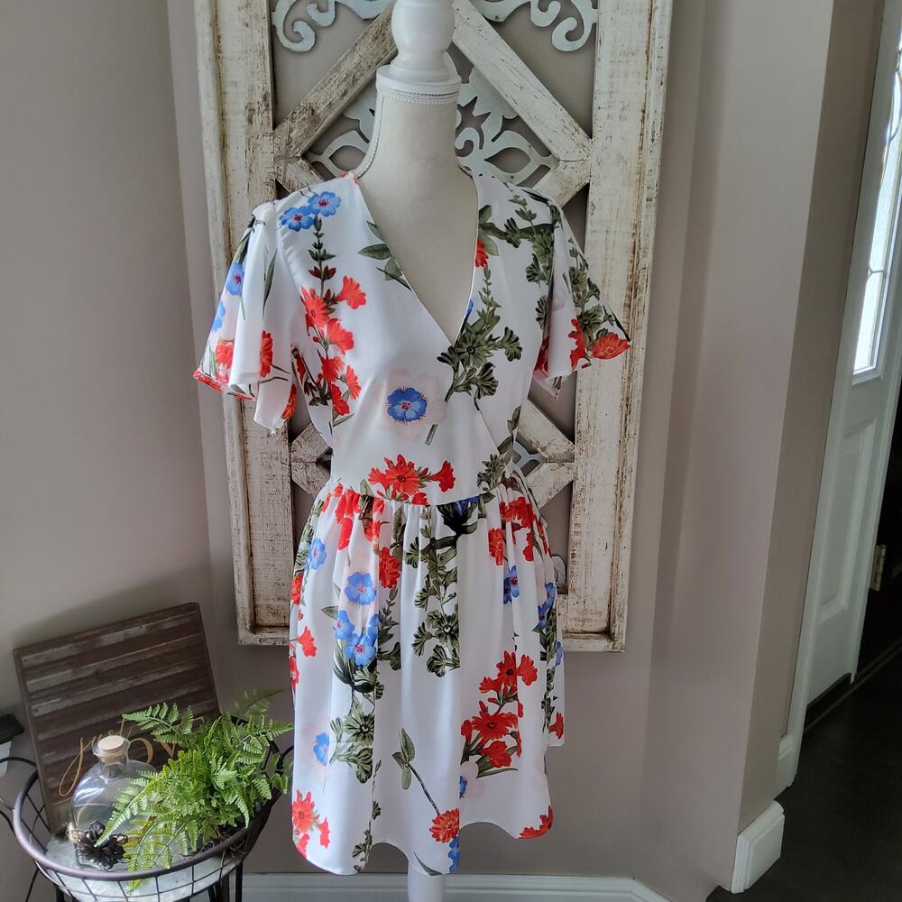 Runway Paris Floral Faux Wrap Surplice Mini A Line Dress M L Boho Cottage